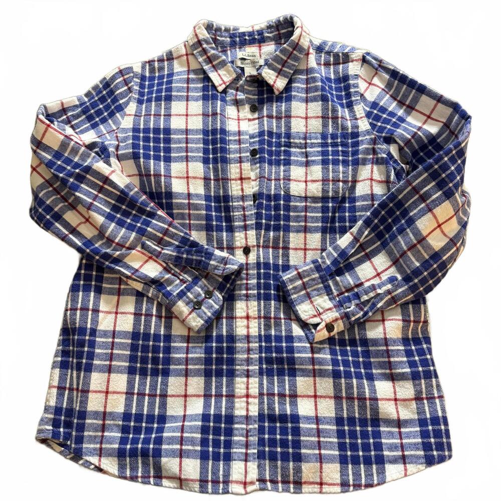 LL Bean Vintage Wms Slightly Fitted  Blue/White Flannel SZ L Button up CabinCore